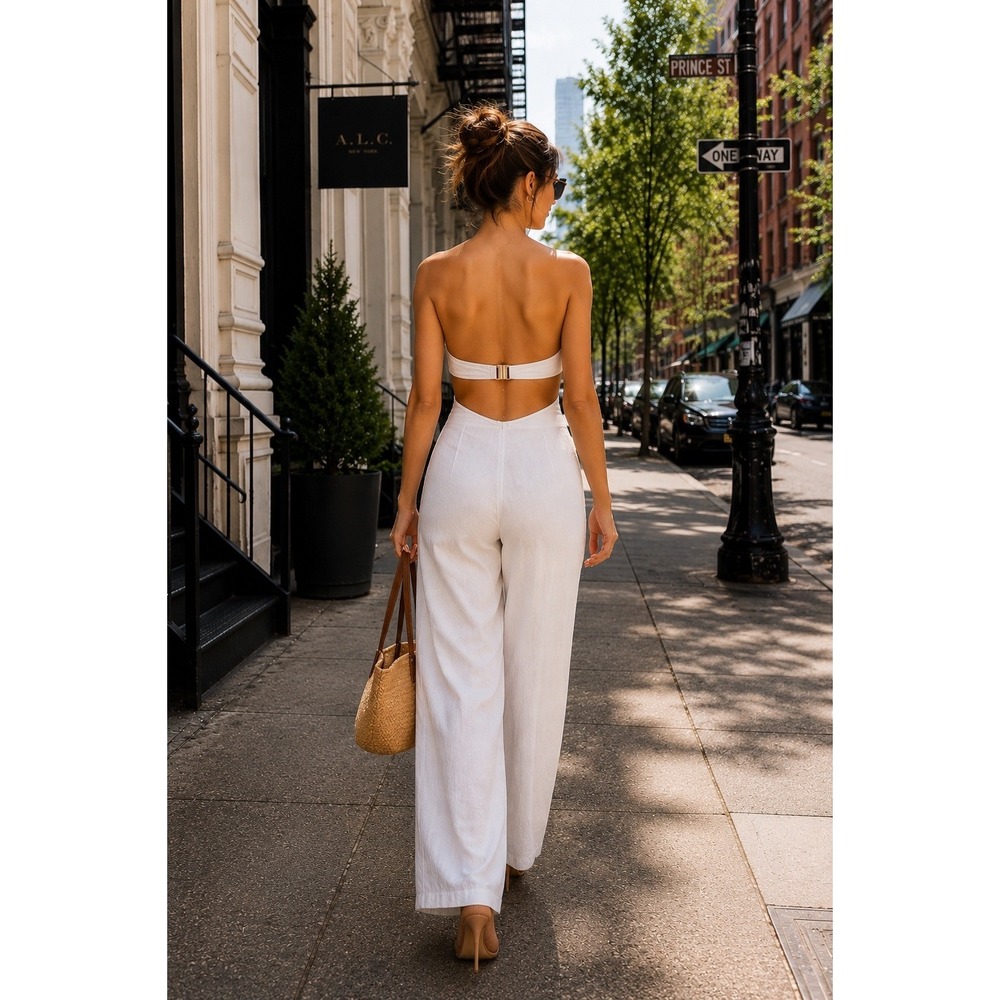 White Open Back Wide Leg Jumpsuit XS Beachy Chic Brunch Lunch Resort Vacation - Picture 3 of 4